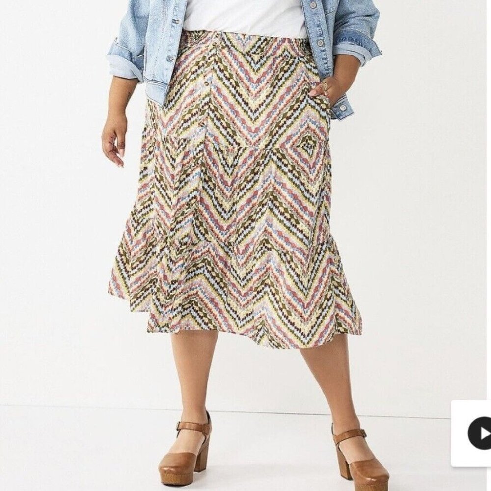 Sonoma Tiered Midi Skirt Womens Plus Size 5X Multi Color Elastic Waistband NEW